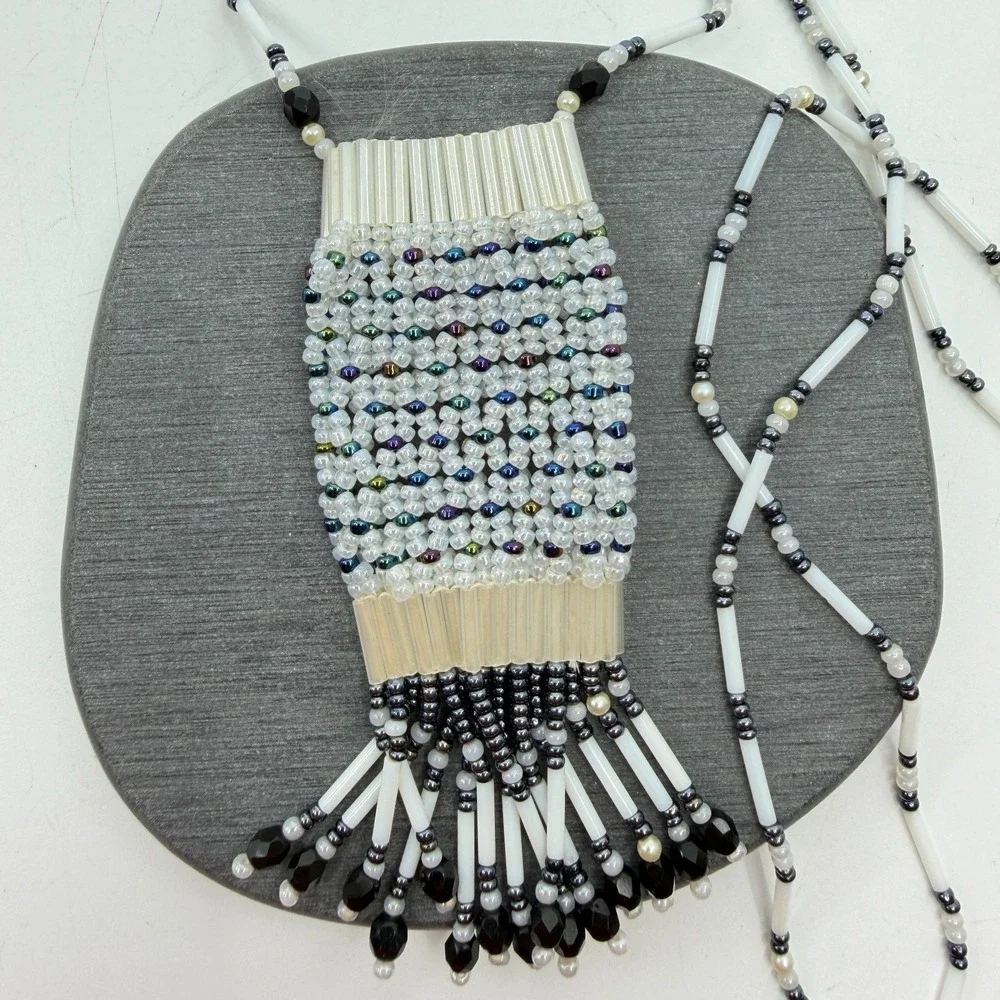White Black Beaded Woven Fringe Pendant Necklace Boho Festival Statement Gift